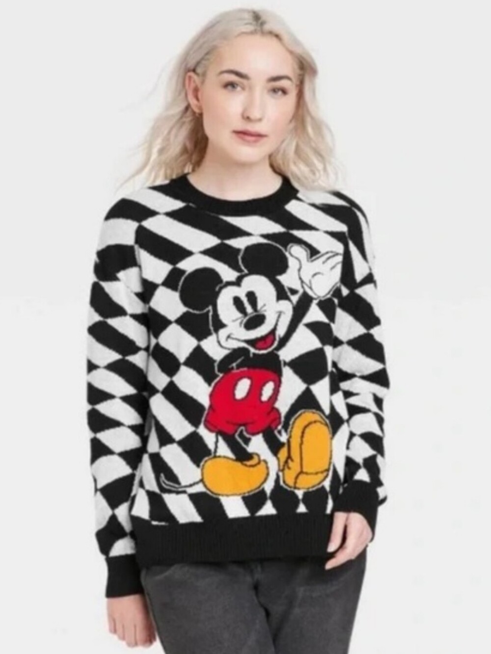 Mickey Mouse Disney Crewneck Sweater Checkerboard Black & White Womens Medium